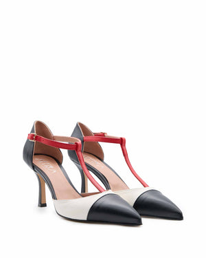 Tanghera in Nappa Nero/OffWhite - Rosso